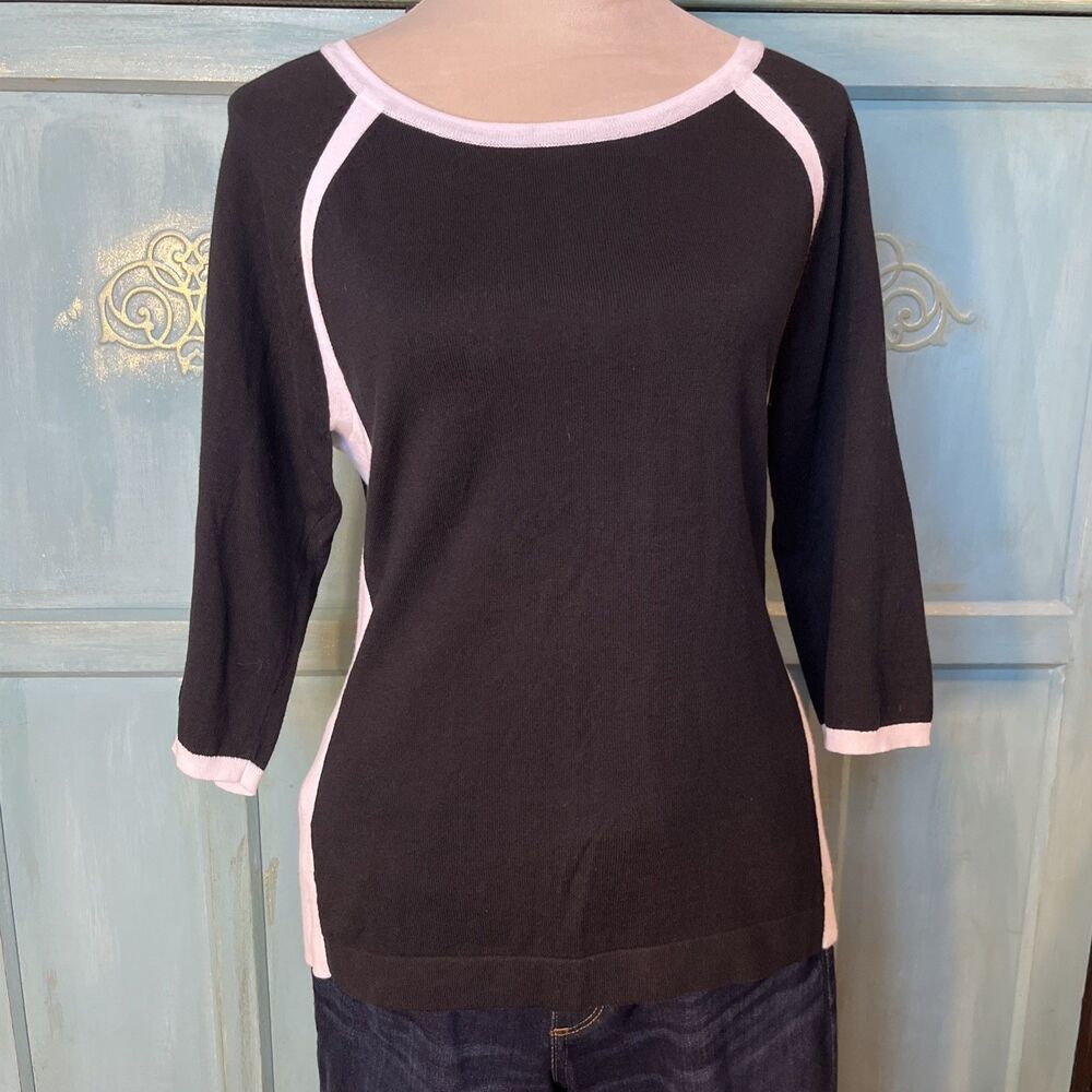 Liz Claiborne Women's Black/White 3/4 Sleeve Sweater White Seams Cotton Large